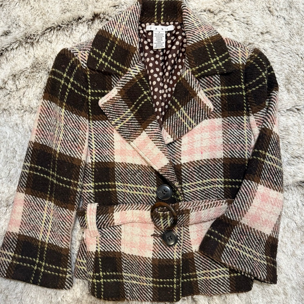 CAbi Kate Pink and Brown Plaid Jacket with Belt